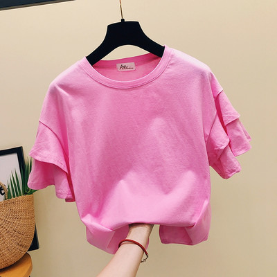 Μοντέρνα γυναικεία μπλούζα με στρογγυλή λαιμόκοψη και βολάν