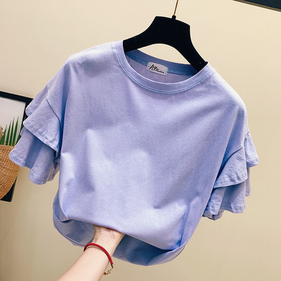 Μοντέρνα γυναικεία μπλούζα με στρογγυλή λαιμόκοψη και βολάν