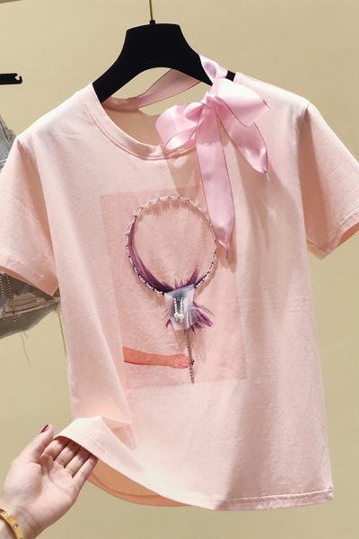 Γυναικείο μπλουζάκι με κορδέλα και απλικέ