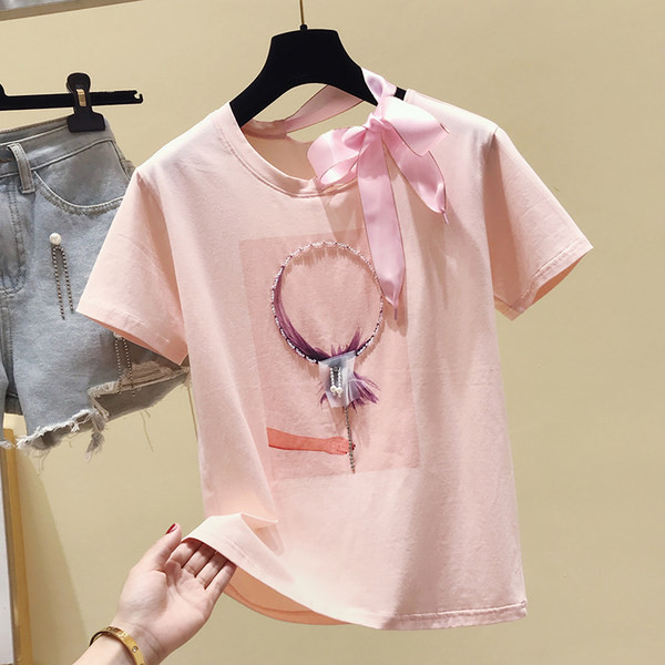 Γυναικείο μπλουζάκι με κορδέλα και απλικέ