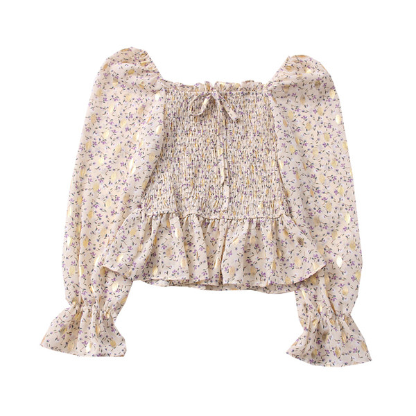 Μοντέρνα γυναικεία μπλούζα με μανίκια λωτού και ντεκολτέ 