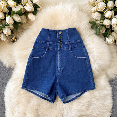 Ležerne ženske kratke hlače s visokim strukom i gumbima u plavoj i crnoj boji