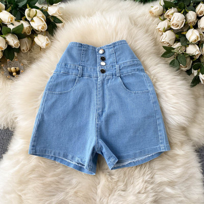 Ležerne ženske kratke hlače s visokim strukom i gumbima u plavoj i crnoj boji