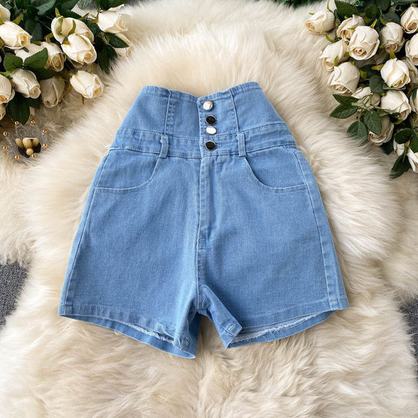 Ležerne ženske kratke hlače s visokim strukom i gumbima u plavoj i crnoj boji