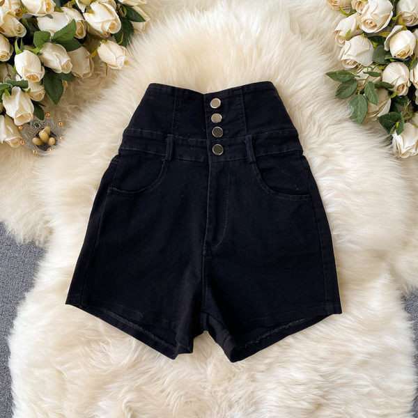 Ležerne ženske kratke hlače s visokim strukom i gumbima u plavoj i crnoj boji