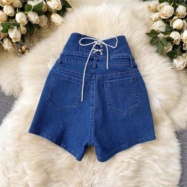 Ležerne ženske kratke hlače s visokim strukom i gumbima u plavoj i crnoj boji