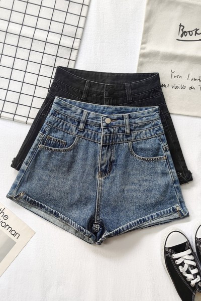 Ženske kratke hlače s džepovima i visokim strukom u plavoj i crnoj boji