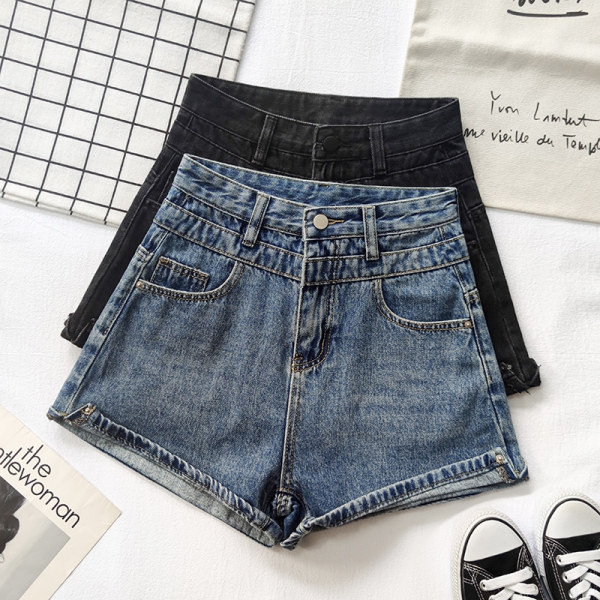 Ženske kratke hlače s džepovima i visokim strukom u plavoj i crnoj boji