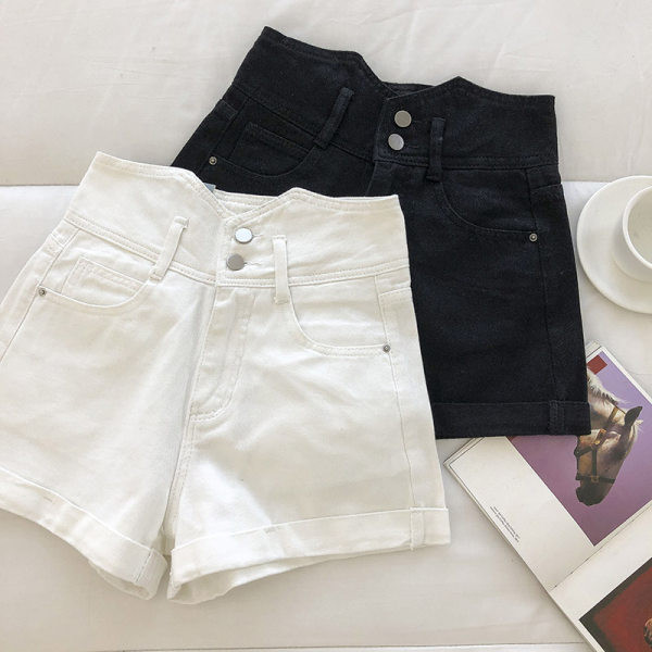 Γυναικεία κοντή τζιν με ψηλή μέση - σε λευκό και μαύρο χρώμα