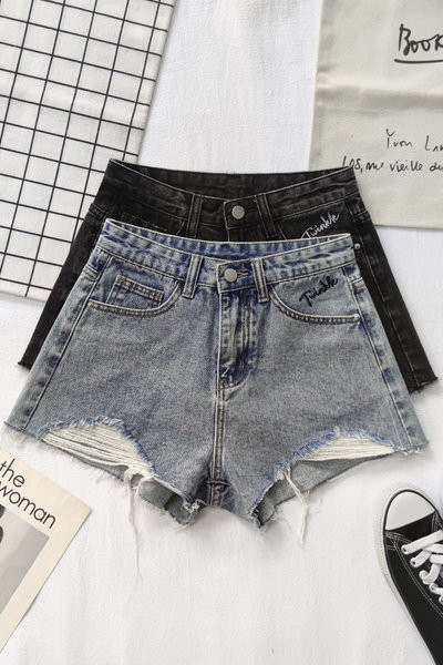 Κοντό τζιν μοντέρνο γυναικείο με απλικέ και ψηλή μέση