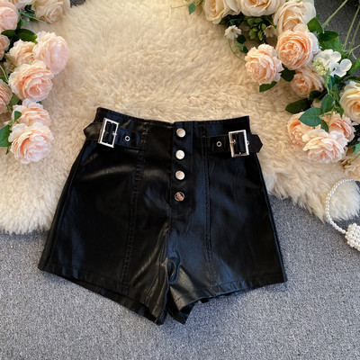 Γυναικείο έκο δερμάτινο παντελόνι με ψηλή μέση και αγκράφα