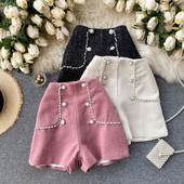 Μοντέρνα γυναικεία σορτς με πέρλες και ψηλή μέση