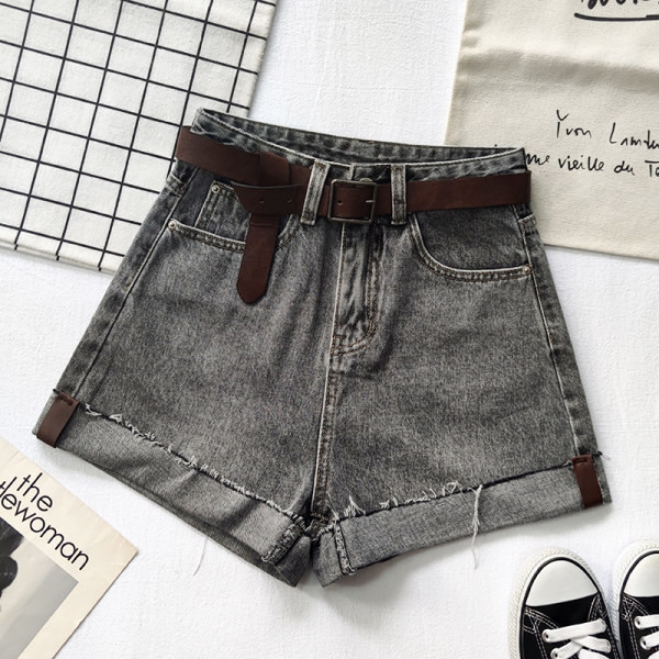 Ženske traper kratke hlače s remenom i visokim strukom u crnoj boji