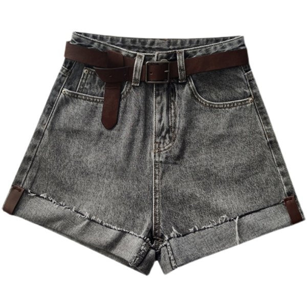 Ženske traper kratke hlače s remenom i visokim strukom u crnoj boji