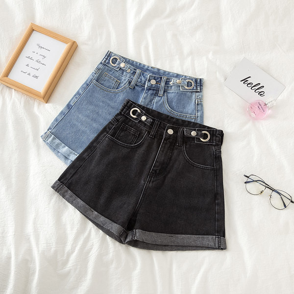 Naujo modelio moteriški šortai aukštu juosmeniu iš džinsinio audinio