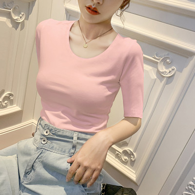 Naujo modelio moteriška palaidinė su ovalia iškirpte ir 3/4 rankovėmis - kelių spalvų