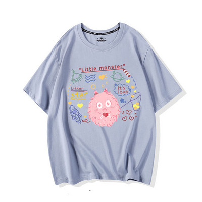 Moteriški marškinėliai trumpomis rankovėmis ir įvairiomis aplikacijomis