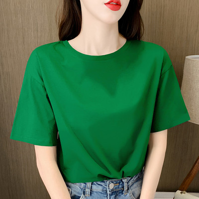 Дамска едноцветна блуза с къс ръкав и обло деколте
