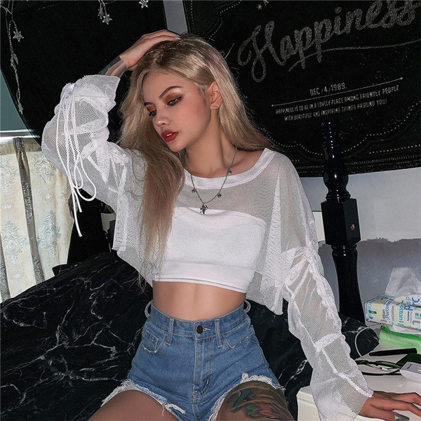 Дамска мрежеста блуза с връзки и дълъг ръкав