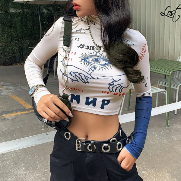 Bluză casual de damă cu guler înalt și inscripții