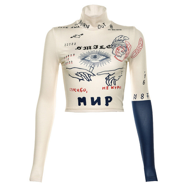 Bluză casual de damă cu guler înalt și inscripții