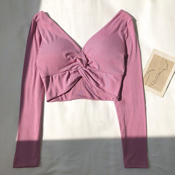 Bluză scurtă de damă cu decolteu în V și mâneci lungi