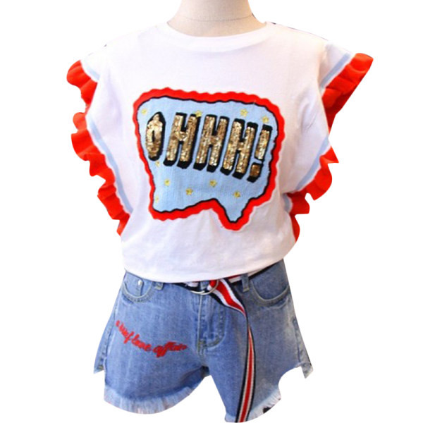 Tricou modern cu bucle și inscripție cu paiete