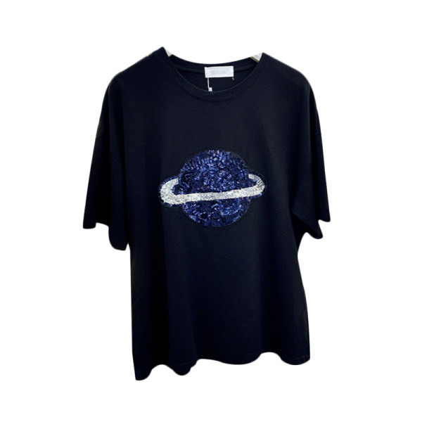 Bluză de damă cu mâneci scurte și efect strălucitor în alb și albastru