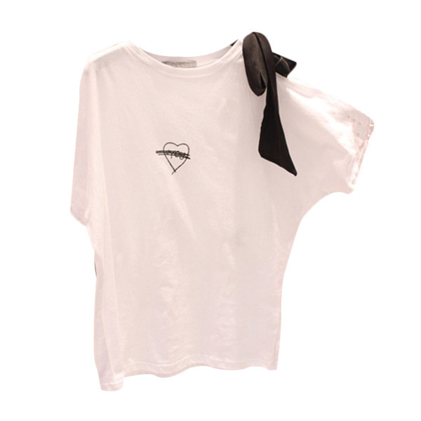 Tricou de damă cu mâneci scurte și panglică în alb și negru