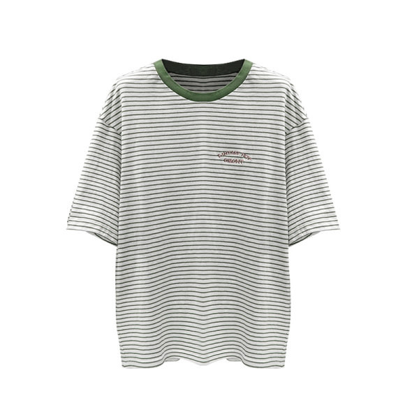 Tricou dama in dungi cu broderie si decolteu rotund