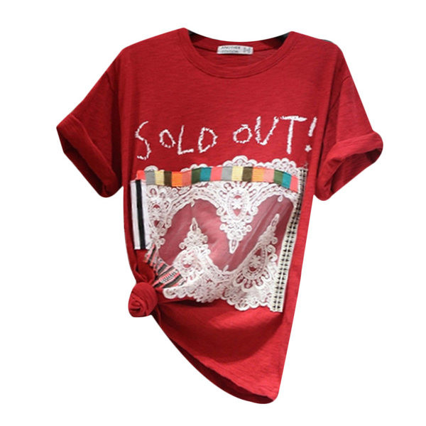 Tricou modern cu inscripție și dantelă pentru femei