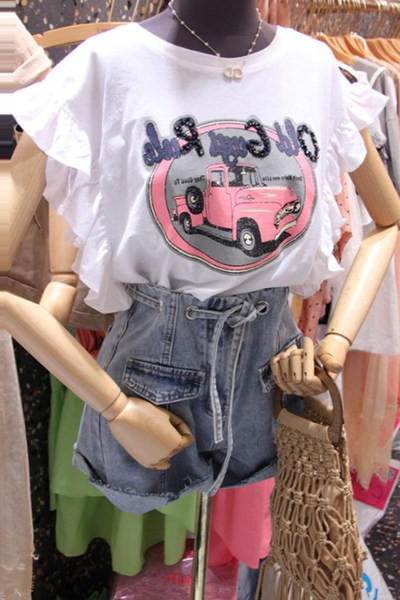 Tricou dama cu aplicatie colorata cu bucle