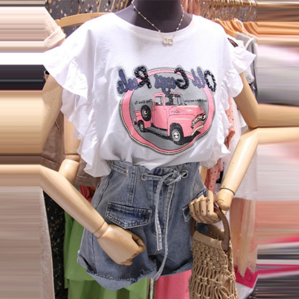 Tricou dama cu aplicatie colorata cu bucle