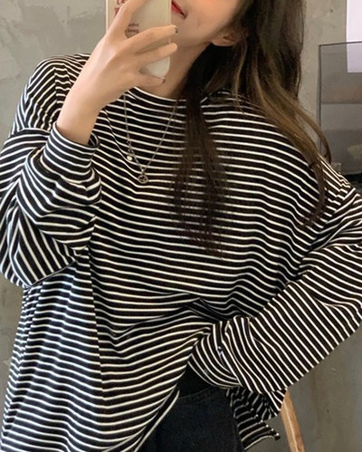 Bluza dama lata in dungi cu decolteu oval - doua culori