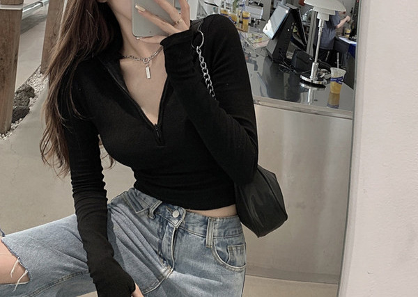 Bluză casual de damă cu guler înalt și fermoar - trei culori