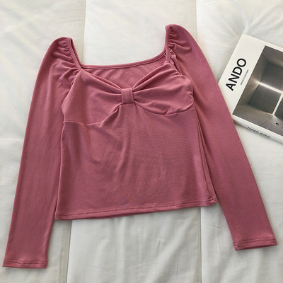 Bluză scurtă de damă cu decolteu adunat și mâneci lungi