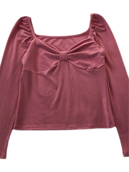 Bluză scurtă de damă cu decolteu adunat și mâneci lungi