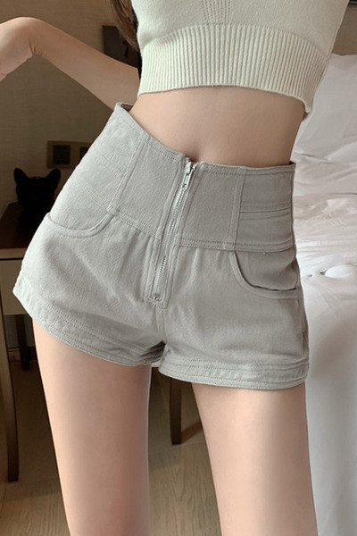 Pantaloni scurți casual din denim cu talie înaltă și fermoar