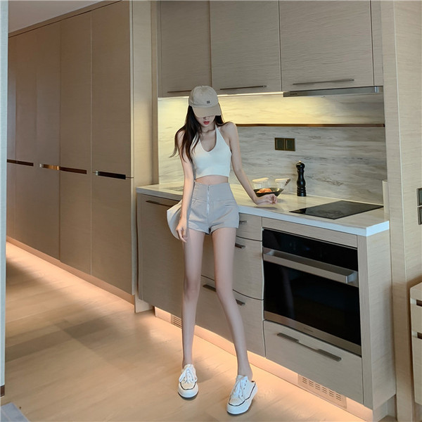 Pantaloni scurți casual din denim cu talie înaltă și fermoar