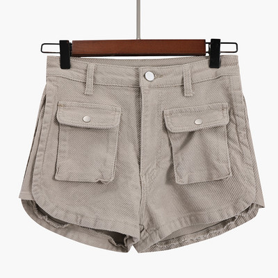 Pantaloni scurti de dama cu buzunare si talie inalta in doua culori