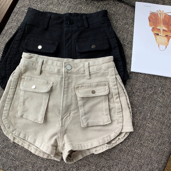 Pantaloni scurti de dama cu buzunare si talie inalta in doua culori