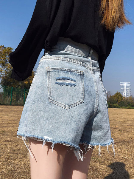 Pantaloni scurți din denim de damă cu talie înaltă și elemente rupte