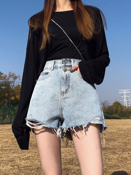 Pantaloni scurți din denim de damă cu talie înaltă și elemente rupte