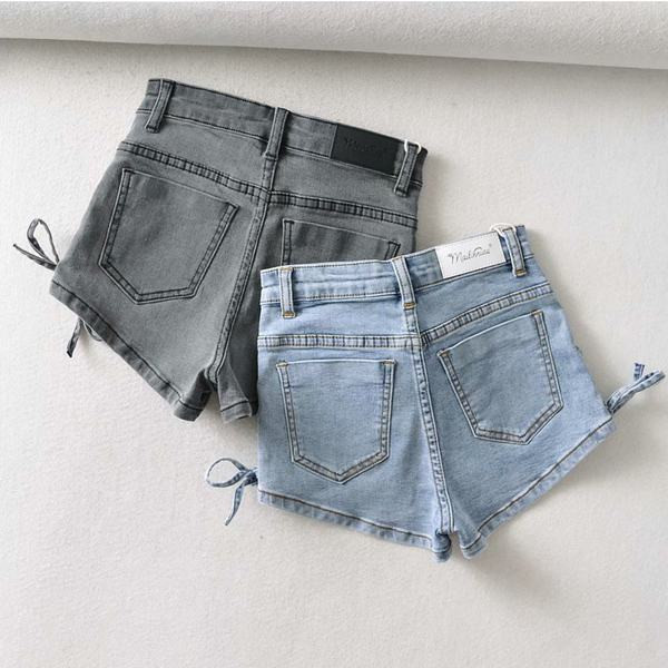 Pantaloni scurți de damă cu cravate și talie înaltă în albastru și gri