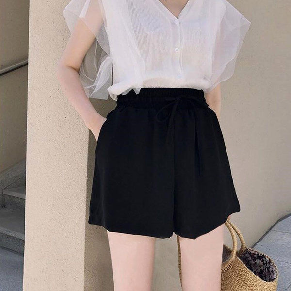 Pantaloni scurți casual cu talie elastică și cravate în negru