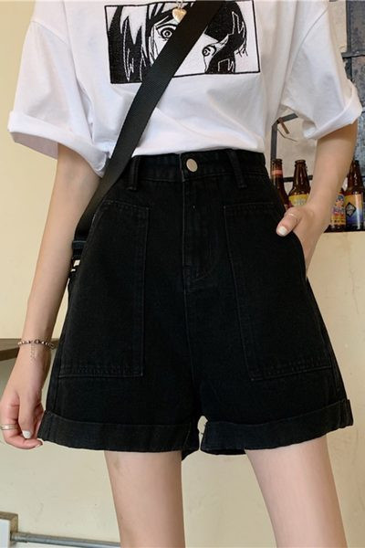 Model nou de pantaloni scurți de damă cu talie înaltă - negru și albastru