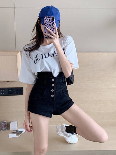 Pantaloni scurți și nasturi damasc la modă cu talie înaltă