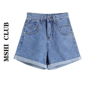 Pantaloni scurți casual de damă din denim cu talie înaltă de culoare albastru