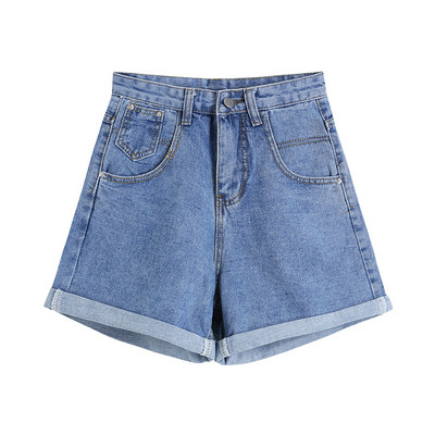 Pantaloni scurți casual de damă din denim cu talie înaltă de culoare albastru