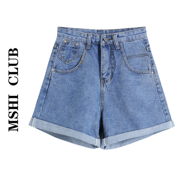 Pantaloni scurți casual de damă din denim cu talie înaltă de culoare albastru